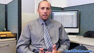 Office stud jerking dick during anal trio