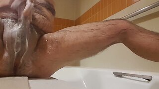 Soapy Jerk Off in Shower. Nice cum shot. Hairy Bear
