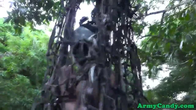 Army hunks anal fuck on top of caged solider