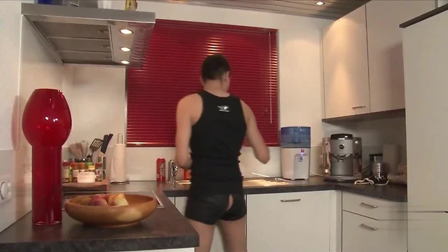Sam unzips his shiny  leather shorts for a good hot fuck