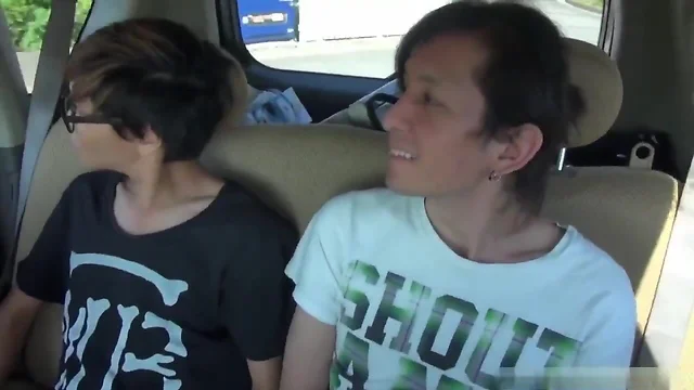 Hot asians suck in car and wood