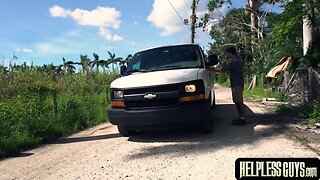 Stranded guy got a ride and hardcore anal fucking in a van