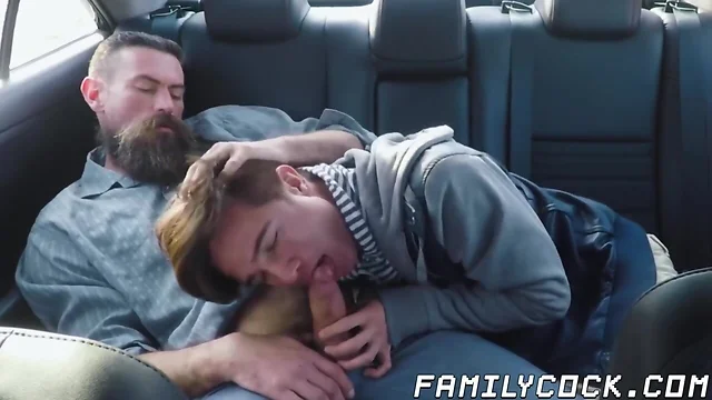 Bearded stepdad bare fucks his nice stepson on the backseat