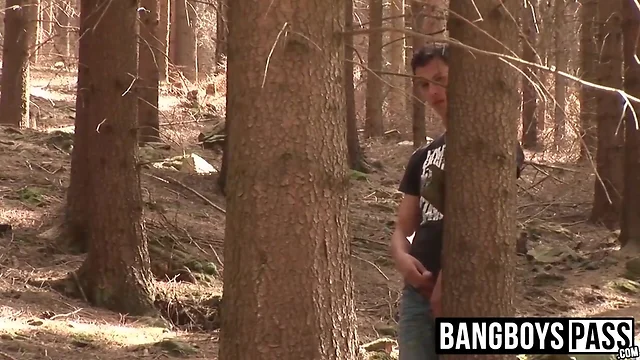 Boy got caught masturbating in the forest and gets company