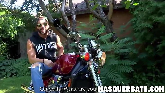 Zack is bearded strong biker who is wanking off outdoors