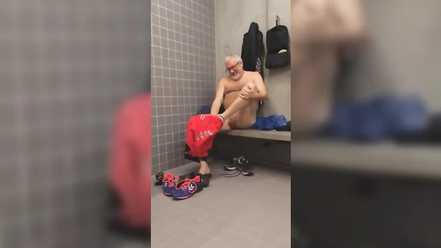 Goated grandpa shows small cock in locker room