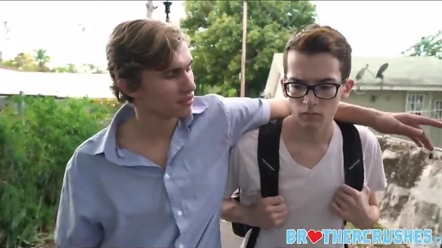 Nerdy teenager step brother fucks older brother in back yard