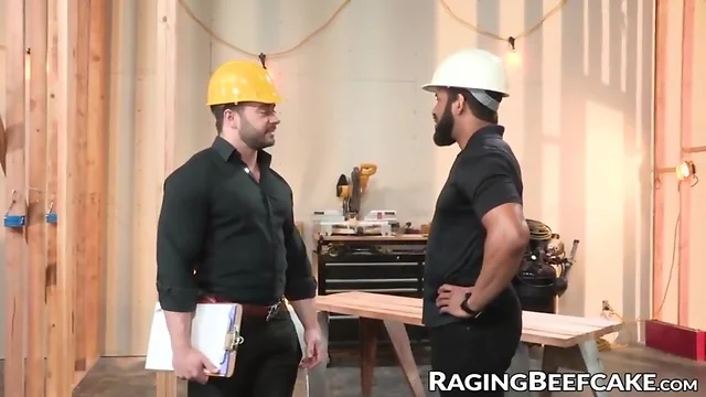 Muscle construction workers raw and suck prick on the