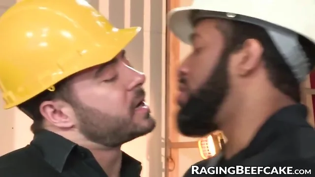 Muscle construction workers raw and suck prick on the
