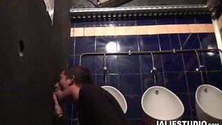 French boys fuck in public washroom after glory hole prick slurping