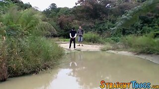 Two straight guys are wanking outdoors and competing for cum