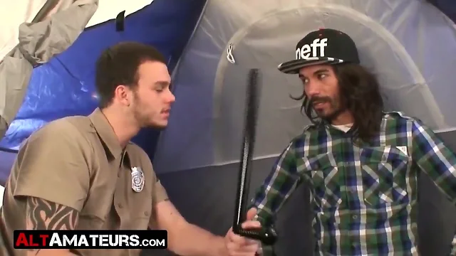 Bearded alt homosexual toyed and backside fucked by a cop