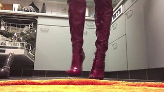 Red crotch high boots, pee and jizz
