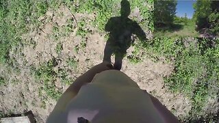 Riding and strolling bare in public nature in daylight pov