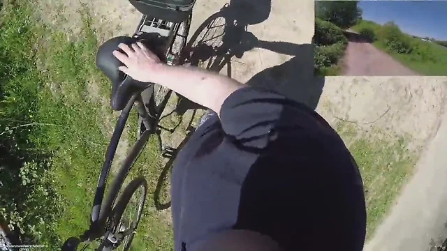 Riding and strolling bare in public nature in daylight pov