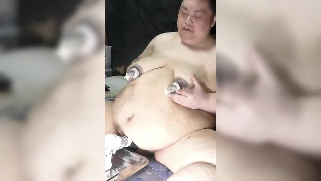 Chubby bitch pig shino blows a toy with nipple vacuumer