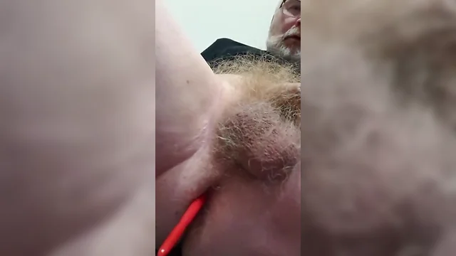 Dildo in butt ,caressing haired balls and jerking tiny cock