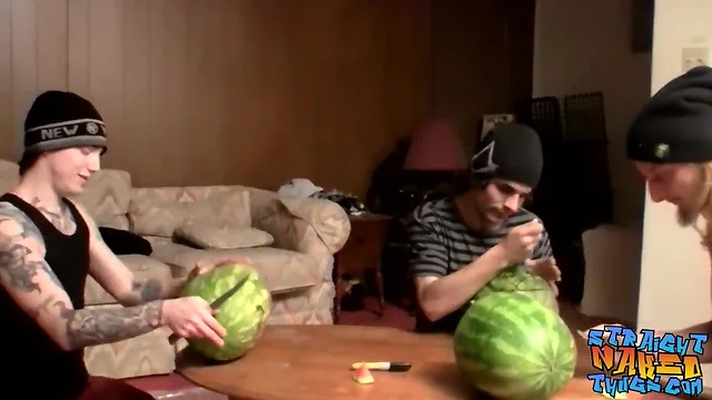 Straight inked guys fuck watermelons until exploding