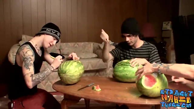 Straight inked guys fuck watermelons until exploding