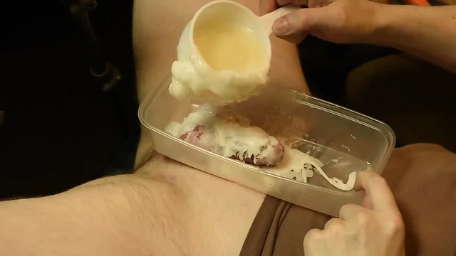 Teenager penis encased in hot wax cbt