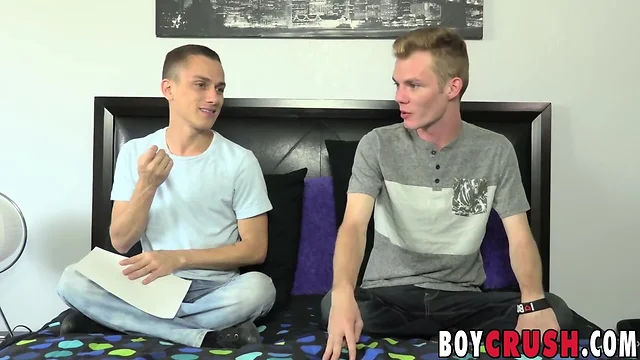 Thin blond boy interviewed before tugging his chubby dick