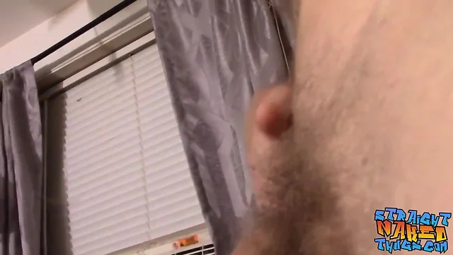 Straight hunk jerks his big dong off before spraying sperm
