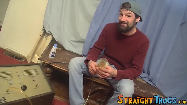Bearded straight lad lubes his small prick and jerks off