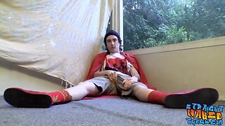 Teen guy sean johansen drips seed while wearing red shoes