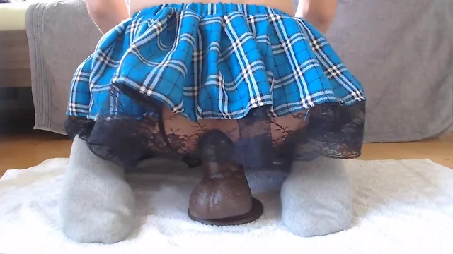 Teenage twink double anal and mammoth toy with skirt