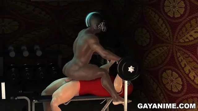 Two 3d football players having sex in the weight room