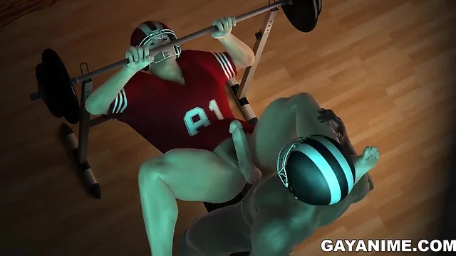 Two 3d football players having sex in the weight room
