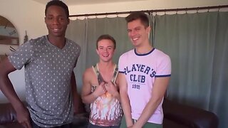 Teenage twink in condomless interracial triple gets pounded and eats jizz