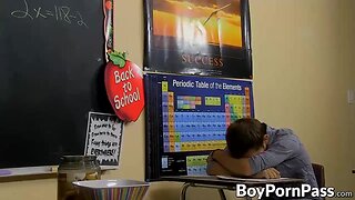 Hot Classroom Action: Bald Twink Student & Teacher Barebacking