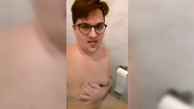 Extreme nipples stimulation on toilet