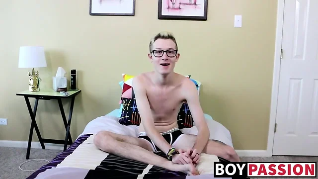 Casting teenager spreads and rubs his butt and jerks his large dick