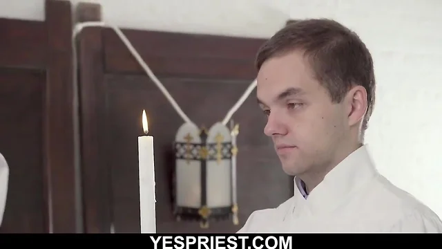 Silver papa priest tempted to fuck petite teenager twink in church