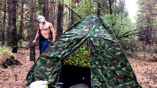 Masked villain fucks tired tourist in tent / horror porn / russian gay