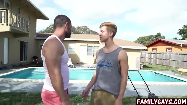 Father and son gay sex in the backyard