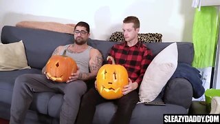 Stepdad and stepson fuck pumpkins on halloween