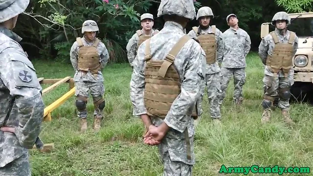 Soldier cumdrops during outside anal training