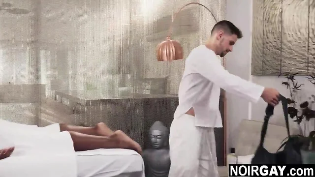 Hot dark muscular gay getting a massage & ass licking