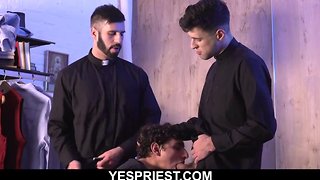 Church twink caught jacking by two man-sized prick gay priests