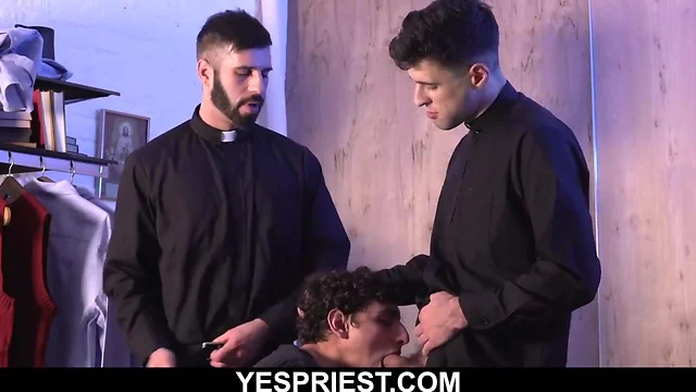 Church twink caught jacking by two man-sized prick gay priests