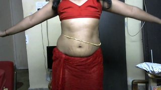 Krithi strip tease in red saree, navel tease with belly chain, curvy hip