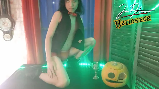Boy devil jon arteen does halloween striptease, crossdresses, shows his