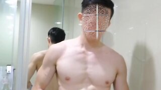 Chinese gay muscular superman solo toilet sipping