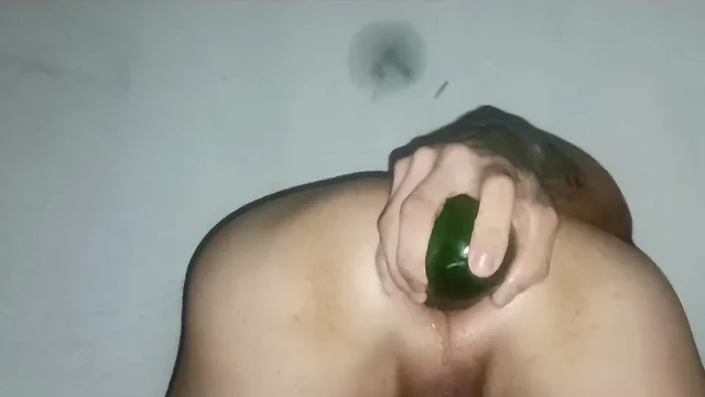 Preparing my ass with a chubby cucumber and an eggplant