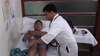 Asian twink gives doctor oral pleasure in ambulance