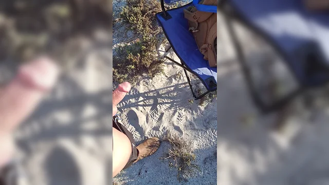 Beach ass spreading with g-string and cockring