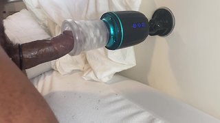 Milking my big black cock to a big moaning cumshot with automasturbator